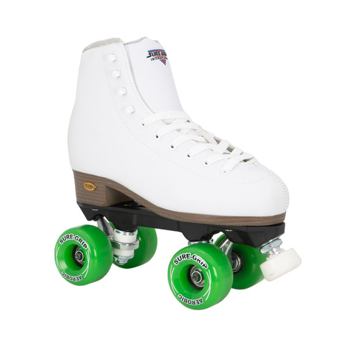 White Sure-Grip Fame with Green Aerobic Wheel from Roller Skate Nation