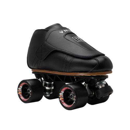 Front Facing Black VNLA Freestyle Roller Skates with black wheels from Roller Skate Nation