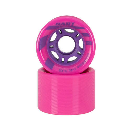 Front Facing Pink and Purple Riedell Dart Wheels + Bearings from Roller Skate Nation