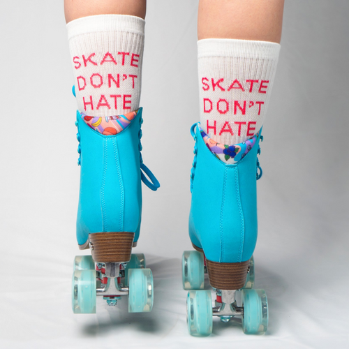 Back Facing White Skate Don't Hate Statement Socks from Roller Skate Nation