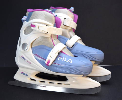 Slightly Used FILA J-One Kid's Adjustable Ice Skates | White/Blue, Large