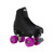 Front Facing Black Riedell 111 Roller Skates with Purple Wheels