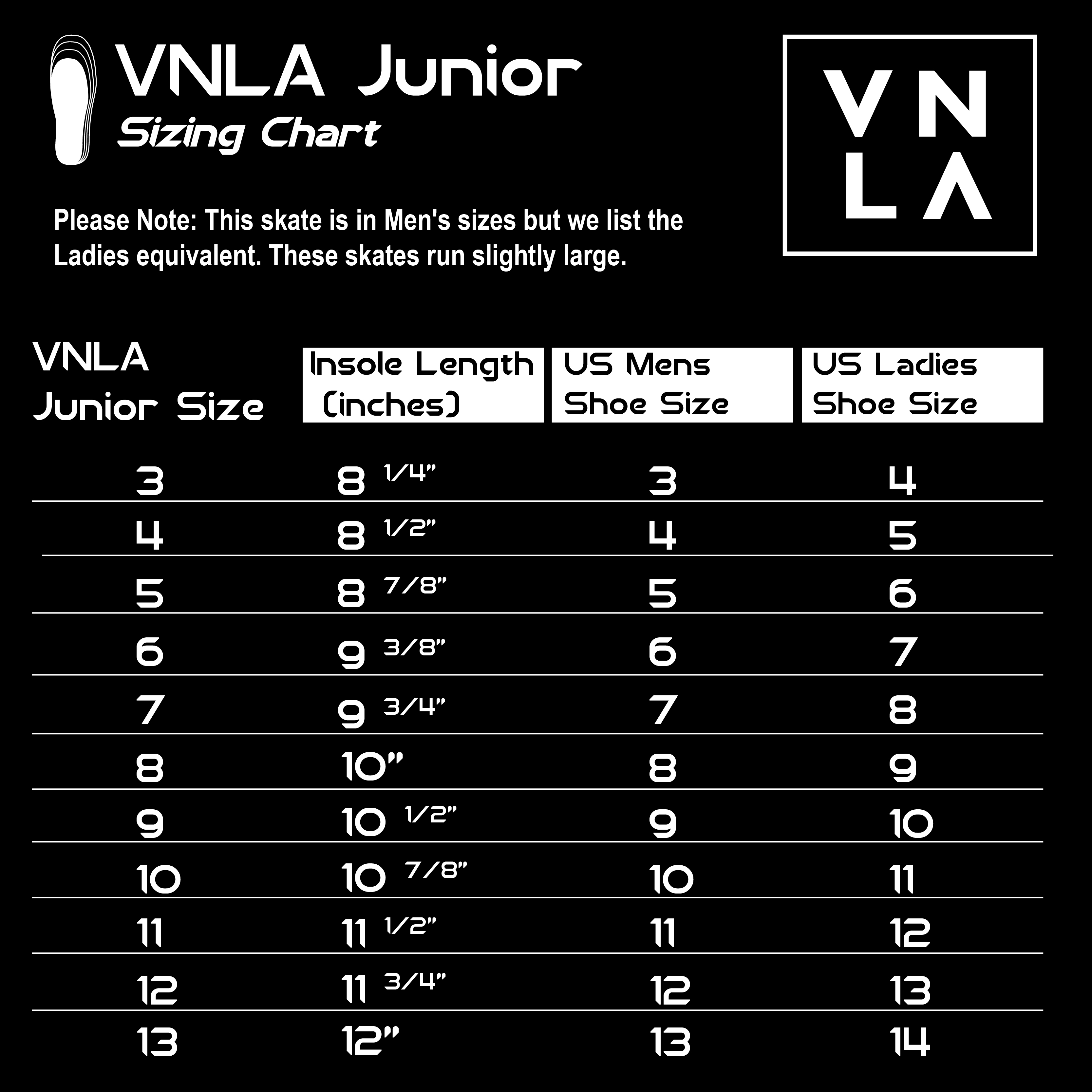 Vanilla Junior Skate Sizing Chart