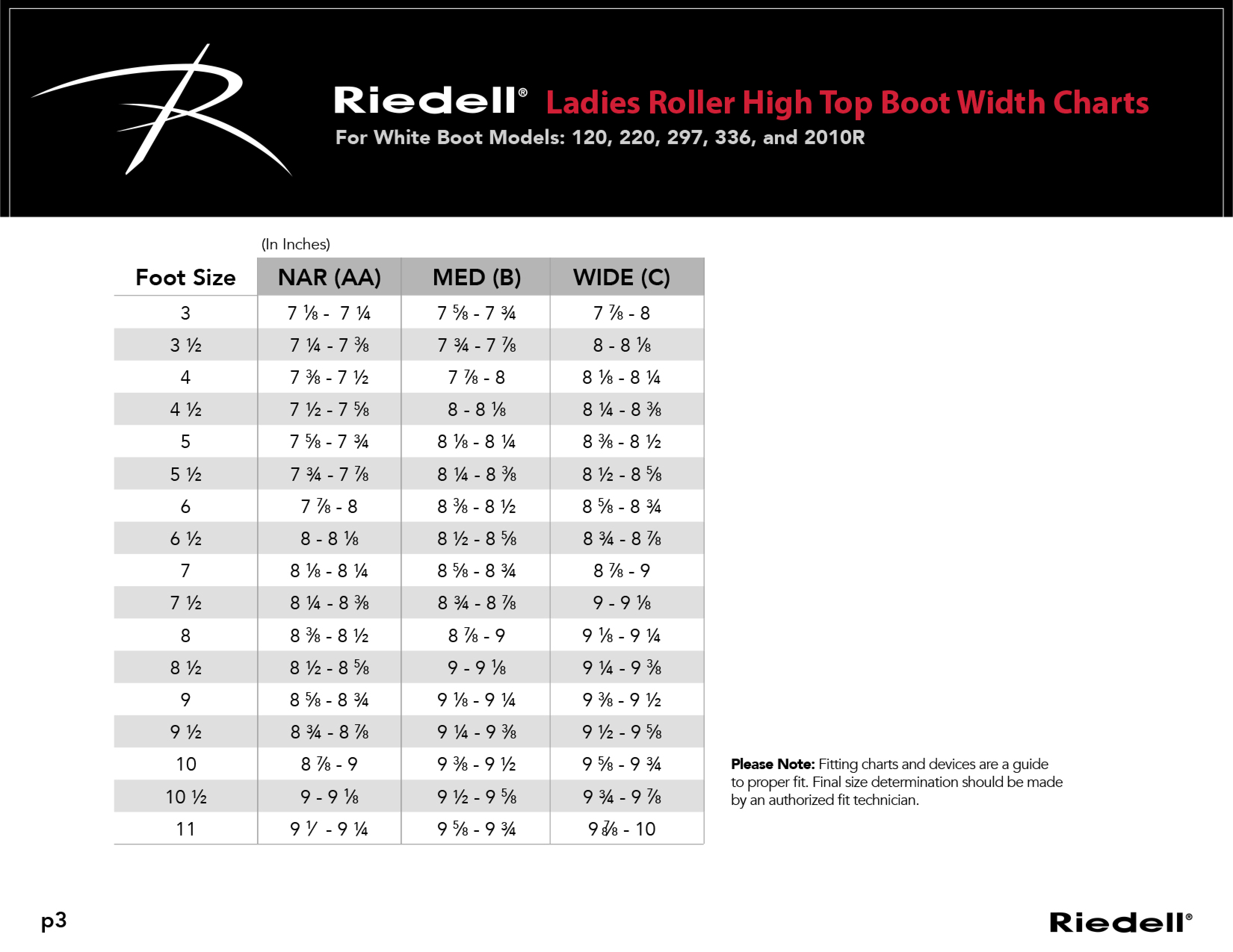 Riedell High Top Skates Sizing Chart