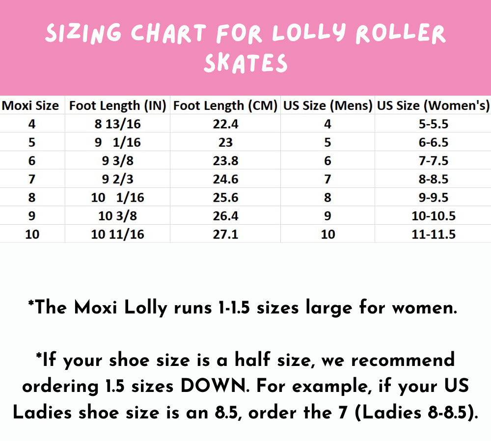 Moxi Roller Skate Sizing and Conversion Chart Lolly & More