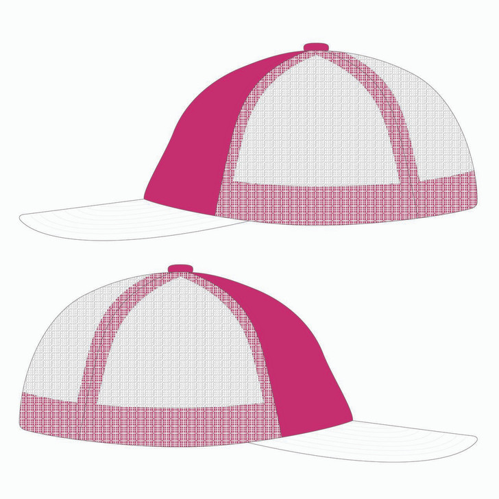 Side view of pink/white trucker hat.