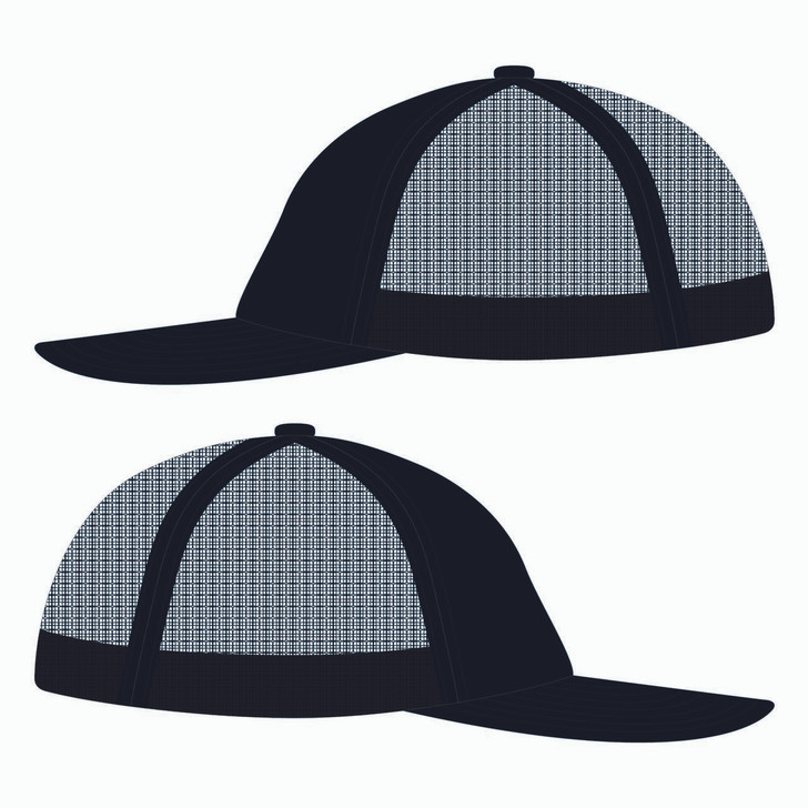 Side view of black trucker hat.