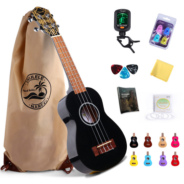 Soprano Ukulele 21 in Mini Kids Guitar Hawaiian ukelele music Instrument Kit ukalalee for Beginner Adults Kids Starter(Black)