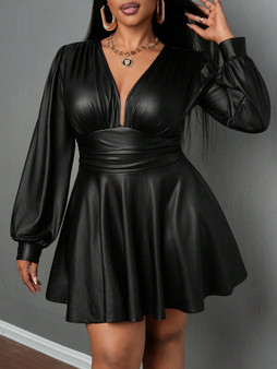 plus Size Leather Skirt for Women Deep V Neck Lantern Sleeve Waist Cinched A-Line Party Outfit Sexy Girl's Ensemble