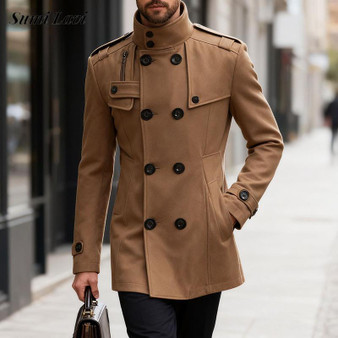 Vintage Lapel Double-breasted Woolen Coats Men Fall Winter Solid Color Trench Coat Casual Men's Slim Mid-length Overcoat