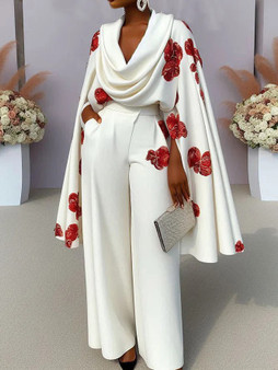 European and American Women's Plus Size Fashionable Printed Pile Collar Long Sleeved Pants Set