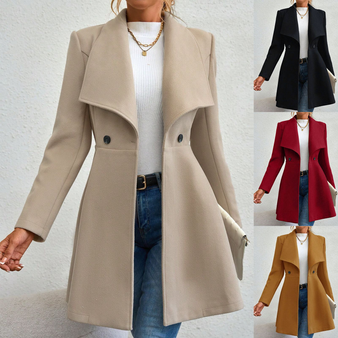 Europe America Autumn Winter New Style Womens Woolen Coat Fashion Trendy Lapel Button Slim Fit Solid Color Versatile Overcoat