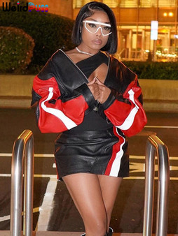 Weird Puss Zip Women Varsity Jacket Faux Leather Patchwork Cinched Waist Autumn Fashion Wild Street Hipster Uniform Crop Coat