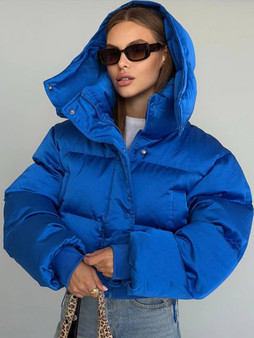 Women's Cropped Puffy Jacket Detachable Hood Drawstring Waist Drop Shoulder Long Sleeve Loose Padded Winter Down Jackets