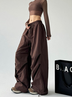 Women's Brown Parachute Pants 2026 Summer New Loose Straight Wide Leg Trousers Casual Quick Dry Cargo Pants Streetwear