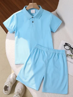 Solid Color Unisex Polo 2PCS Set - Summer Short Sleeve Shirt & Shorts Wholesale