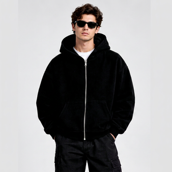 Men's Black Full Zip-Up Hoodie French Terry 100% Cotton Oversized Fit Winter Kangaroo Pocket Casual Streetwear Jacket Custom