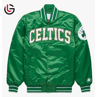 Winter Green Celtics Custom Embroidery Letterman Baseball Casual Stylish Satin Bomber Jacket Stand Collar Front Men's