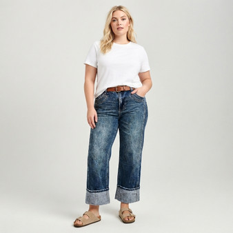 Vintage Cuffed Jeans Women Plus Size High Waist Relaxed Straight Leg Washed Denim Pants US Stock