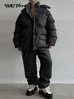 Leopard Print Women's Winter Down Jacket Pant Set Hooded Full Sleeve Zipper Jacket Elastic Waist Pants 2026 Warm Padded Coat Set