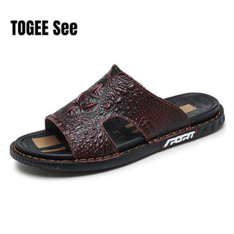 Fashion Leather Men's Slippers Luxury Crocodile Slip On Casual Shoes High Quality New Non-Slip Summer Sandals For Men Slippers