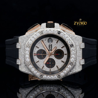 Luxury Iced Out Chronograph Diamond Watch for Men Rose Gold Stainless Steel Black Rubber Strap Hip Hop Bust Down Watch