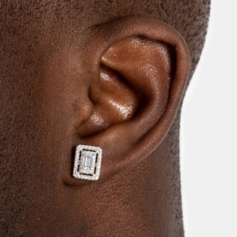 Luxury Emerald Cut Stud Earrings for Men and Women Silver Tone Iced Out Halo Diamond Style Hip Hop Jewelry