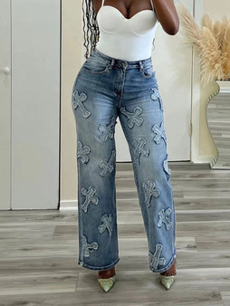 Women's Fashion Spring and Autumn New Vintage Washed Denim Tassel Cross Hip-hop Straight Leg 9-inch Pants