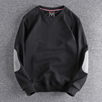 Spring New American Retro Sleeve Patch Solid Color Sweatshirt Men's Simple 100% Cotton Washed Pullover Loose Casual Sportwear