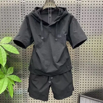 Summer Thin Breathable Sunscreen Men Hooded Short Sleeve Top And Shorts Two Piece Set  Hoodie Suits Casual Loose Outfits Outwear