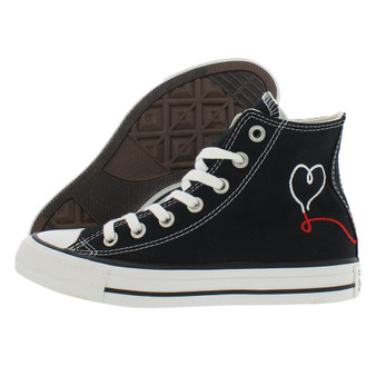 For for for Hi Black Canvas Sneakers Heart Embroidered Lace up Unisex Casual Shoes 100% Authentic