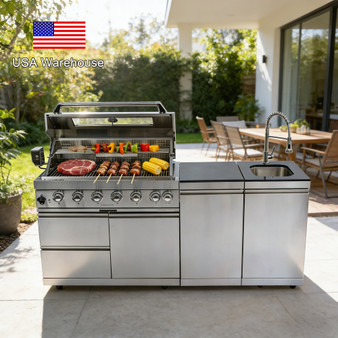 Stock in USA Warehouse Hot Sale Summer Backyard BBQ Grills 304 SS Modular Outdoor Kitchen Set With Sink Faucets Storage