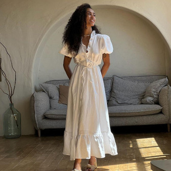 Women's Clothing 2024 Lace-Up V Neck Short Sleeve Bohemian Lady Elegant Maxi Long White Dress Women Cotton Dresses Casual Summer