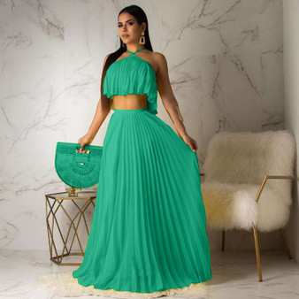 Summer Two Piece Long Dress Women Elegant 2 Piece Set Crop Top and Skirt Set Sexy Sleeveless Beach Party Outfit