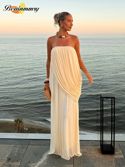 Sexy Pleated Strapless Maxi Dress Women Chic Solid Sleeveless Backless Loose Long Dresses 2026 Summer Lady Vacation Beach Outfit