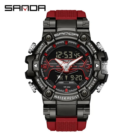 Sanda 3186 Digital Movement Men Golden Hand Wristwatch Chronograph LED Week Display Luminous Stop Watch