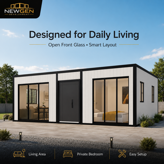 NEWGEN DEVELOPMENT Modern Sandwich Panel Portable House Minimalist Design Open Glass Front Easy Setup Home Office Use