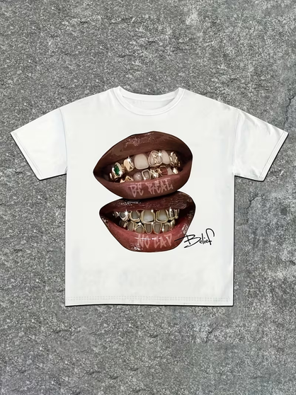 Men "Be Real No Cap" Grillz Lips Hip Hop Graphic T Shirt Retro Streetwear Print Casual Cotton Short Sleeve Oversized Tops