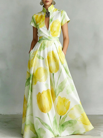 Elegant Watercolor Yellow Tulip Printed Dress Classic Chic Vintage Sleeveless A-Line Midi Dress Formal Casual Occasions Dress
