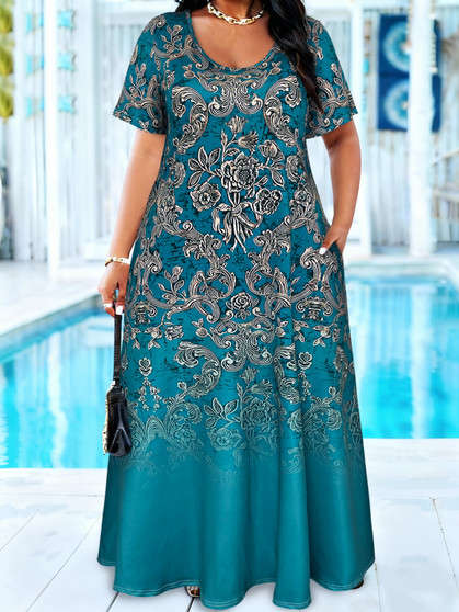 Plus Size Teal Baroque Floral Print Maxi Dress Summer Casual Short Sleeve Scoop Neck Loose Long Sundress With Pocket