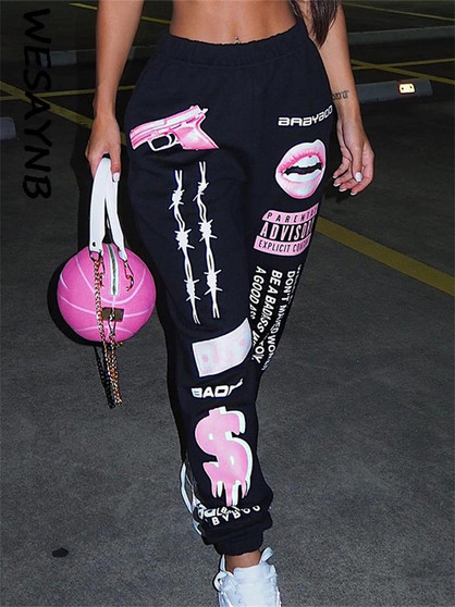 WESAYNB Clothes Streetwear Pants For Women 2022 Spring High Waist Baggy Pockets Pants Print Sweatpants Black Casual Trousers