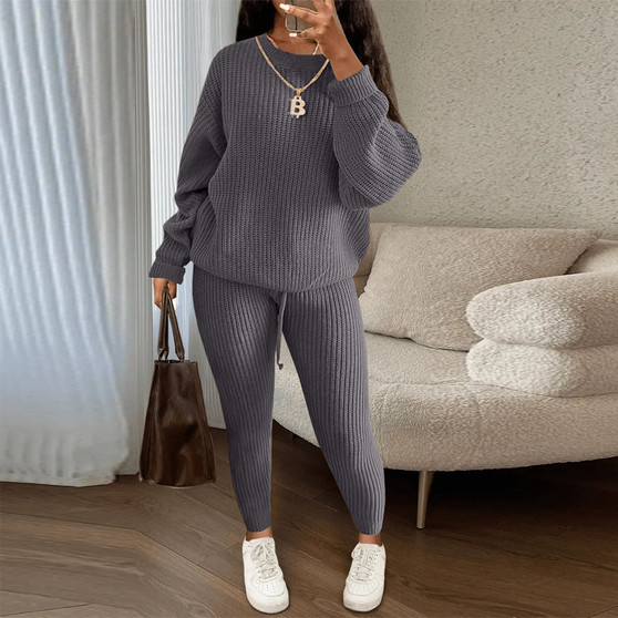 2024 Winter Two Piece Sets Women Clothing Autumn Fashion Casual Solid Round Neck Pullover Loose Pit Knitted Sweater Pants Suits