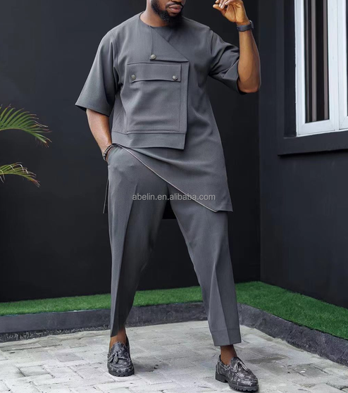 African Plus Size Men's Irregular Design Set Two Pieces Gray Fashion Loose Sets Street Style Men Loose High Quality Sets