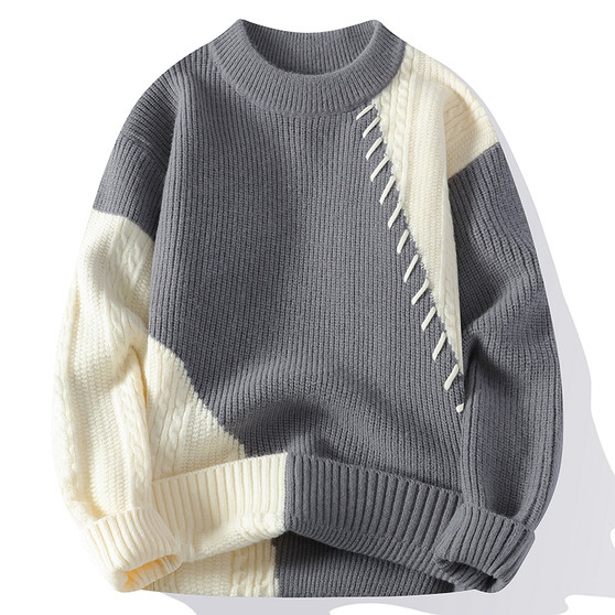 New Autumn Winter Men's Warm Sweater Fashion Patchwork O-Neck Knitted Pulovers Men Loose Casual Streetwear Daily Knit Sweaters