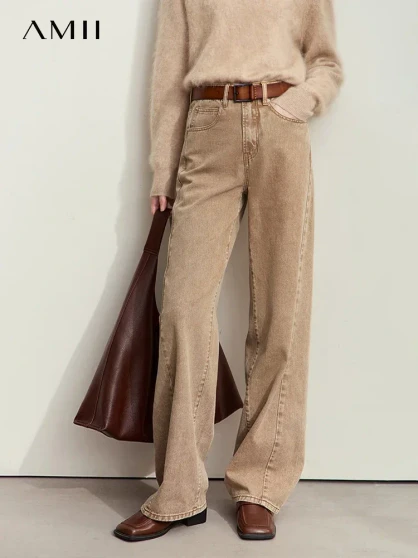 Amii Minimalism Women's Jeans 2024 Autumn New Casual Cotton Denim Pants Retro Trendy Loose Straight Wide-leg Trousers 12443249
