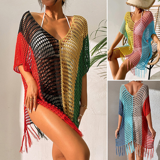 Knitted Contrast Tassel Bikini Summer Beach Cover Up Sexy Hollow Out Women V Neck Loose Beachwear Sunscreen Smock