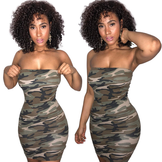 In Stock! Wish Amazon European and American Hot-Selling Sexy Chest-Wrapped Digital Print Camouflage Nightclub Hip-Covering Dress