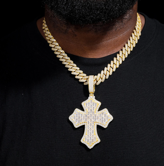 Iced Cross Pendant Moissanite Link Chain Hip Hop Necklace Unisex 925 Sterling Silver Gold Plated Finish Party Occasions
