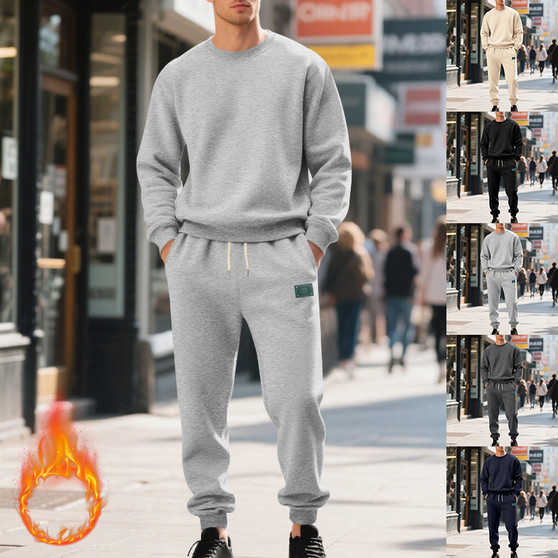 Cross-Border Men's American Autumn and Winter Heavyweight Fleece Round Neck Sweatshirt Suit Loose Simple Casual Sweatshirt Two-Piece Set