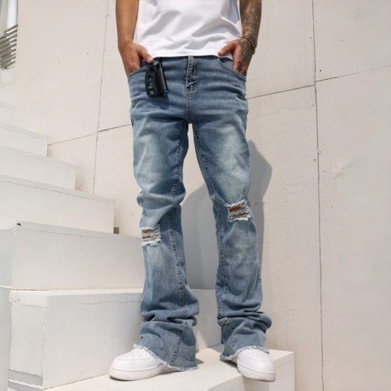 Men's Relaxed Straight Leg Jeans Light Blue Vintage Wash Distressed Denim Pants Streetwear Ready to Ship